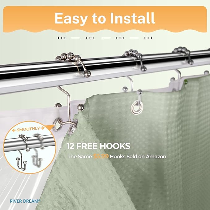 River Dream 3 in 1 Shower Curtain Set, Waffle Fabric Shower Curtain and Waterproof Clear Liner Set with Double Sided Metal Hooks, Sage Green, 72" W*72" H