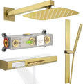 Brushed Gold 12" Rainfall Shower System with Handheld & Body Jets, Wall-Mounted Rain Shower Kit with Slide Bar Combo, Pressure-Balanced Valve with Tempered Glass Shelf & Waterfall Spout Shower Set