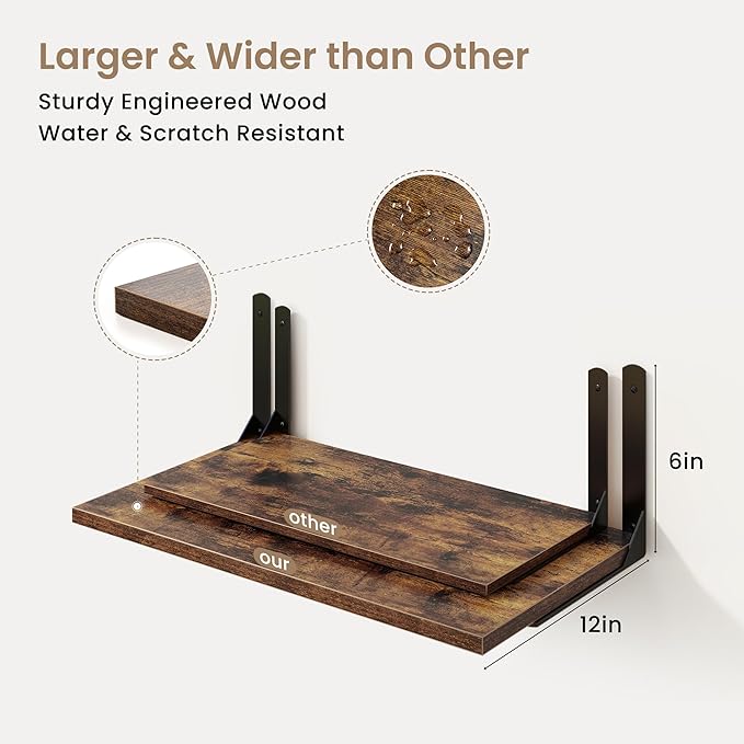 Fun Memories Rustic Brown 12 Inch Deep Floating Shelves Set of 2, Wall Mounted Shelf with Metal Brackets, Rustic Wood Wall Shelf for Bathroom, Kitchen and Living Room, Rustic Brown, 55W x 12D