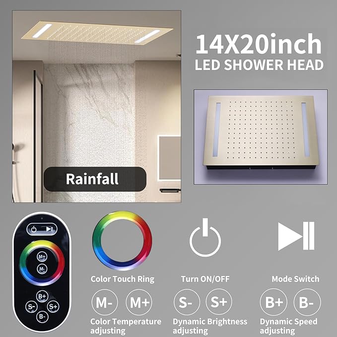 Shower System Brushed Gold Shower Faucet Set with 14X20 inch and 8 inch Rainfall Shower Head, Handheld Spray, 3 Way Digital Temperature Display Shower