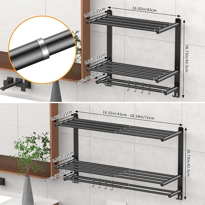 Adjustable 16.9–28" Matte Black Towel Rack for Bathroom SUS304 Stainless Steel 2-Tier Shelf with Extended Bar & 4 Sliding Hooks, Adhesive or Screw Mount, Bathroom/Over-Toilet Organizer