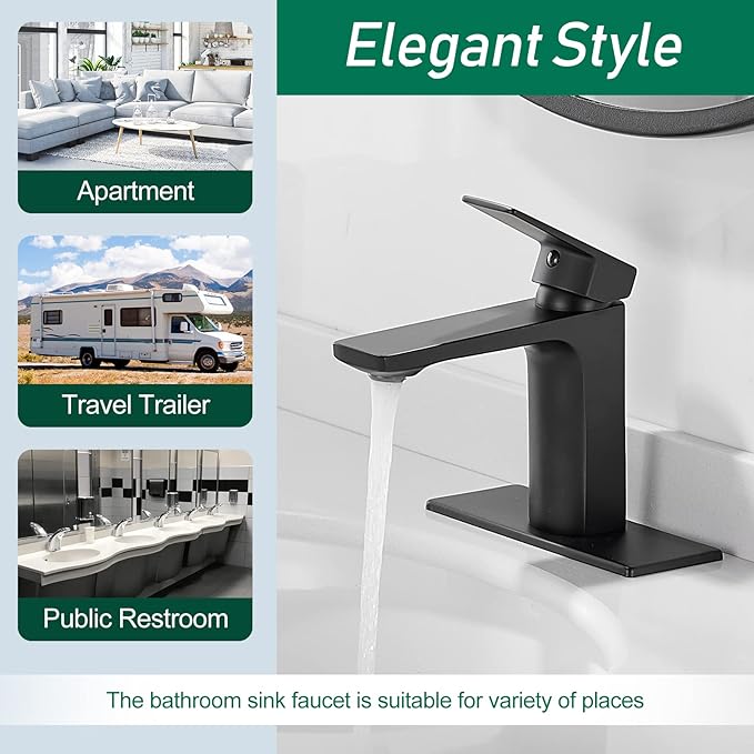 VOTON Matte Black Bathroom Faucet 1 Hole, Single Handle Bathroom Sink Faucets for 1 or 3 Hole with Supply Deck Plate and Hose, Basin, Rv, Lavatory Sink