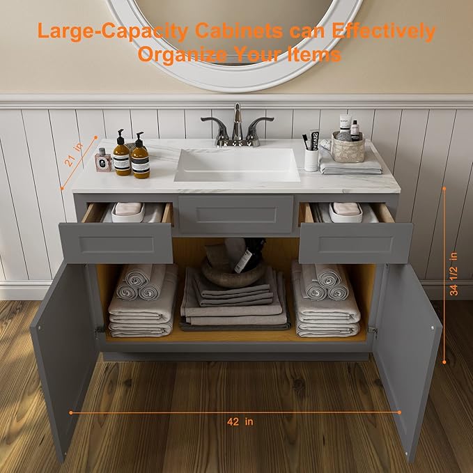 ROOMTEC Bathroom Cabinet, 42'' Free Standing Single Bathroom Vanity with 2 Drawers and 2 Doors,Soft-Close Drawer Slides Morden Bathroom Sink Vanity Storage Cabinet, Shaker Gray