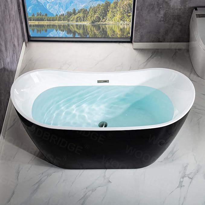 WOODBRIDGE 59" Acrylic Freestanding Bathtub Contemporary Soaking Tub, Black Acrylic(Brushed Nickel Drain/Overflow),BTA1816-BN
