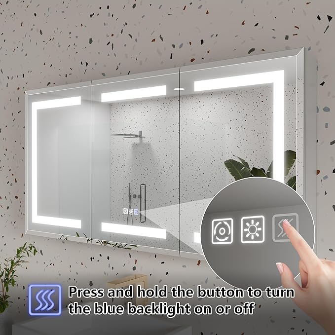GroGro LED Lighted Bathroom Medicine Cabinet with Mirror, 48" W x 24" H Beveled Edge Medicine Cabinet with Lights,Surface or Recessed Mounting,Defog,Dimming,3-Color Temperature Adjustment