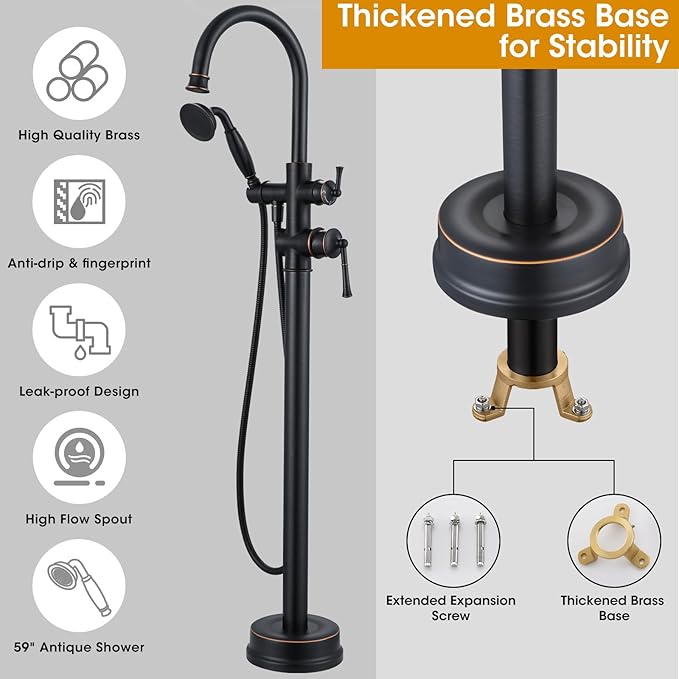 Freestanding Tub Faucet, Floor Mount Tub Faucet Oil Rubbed Bronze High Flow Tub Filler, Roman Tub Faucet with Antique Handheld, Swivel Gooseneck Spout Shower Mixer Taps (B2311-ORB)
