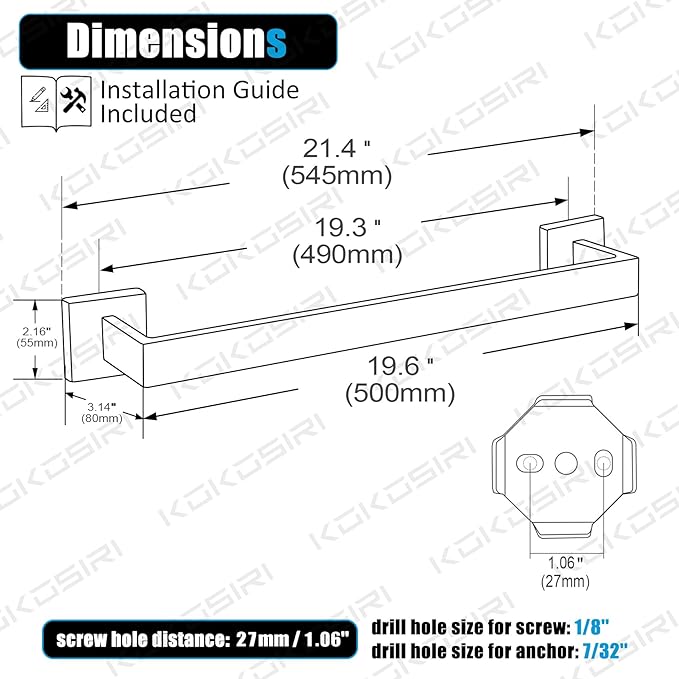 KOKOSIRI 20-Inch Single Towel Bar, Bathroom Kitchen Towel Holder, Wall Mounted T-304 Stainless Steel Towel Rack 2 Pack, Brushed Nickel, B4003BR-L20-P2