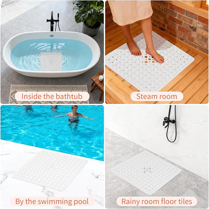 Anti-Slip Bathtub Shower mat, 20.8×20.8（Approximately 53×53cm） inch Soft Oversized Machine Washable Non-Slip Bathtub mat with Drainage Holes, Bathroom Floor Suction Cup.（1-Opaque White）