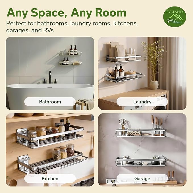 Shower Caddy Adhesive 2Pack with Hooks and Rod for Towels Silver-Premium Bathroom Shower Shelves Shampoo Organizer Rack Storage Bathtub Shelf Rustproof Easy Installation Sturdy Build Sleek Modern Look