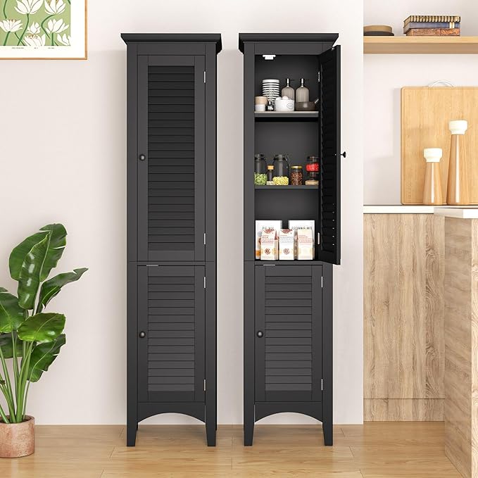 Tangkula 63" Tall Bathroom Storage Cabinet, Freestanding Narrow Linen Tower with Adjustable Shelf, Modern Slim Floor Cabinet with 2 Doors for Bathroom, Living Room, Kitchen (Black)