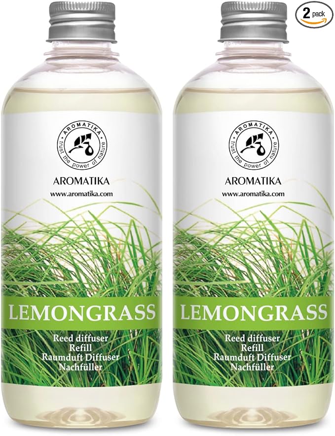 Lemongrass Diffuser Refill 34 Fl Oz (2x17 Fl Oz) - Fresh & Long Lasting Fragrance - Refill with Natural Essential Lemongrass Oil - for Aromatherapy - Spa - Home