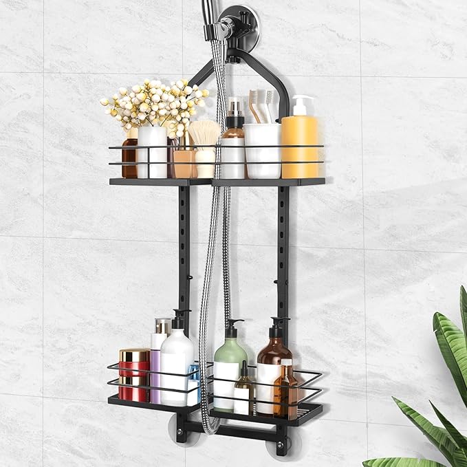 Shower Caddy Hanging for Handheld Showerheads Adjustable Height Extra Long Bathroom Storage Organizer Hanger Rack Rustproof Hose Shower Organizer 4 Levels Height Shower Rack（Black