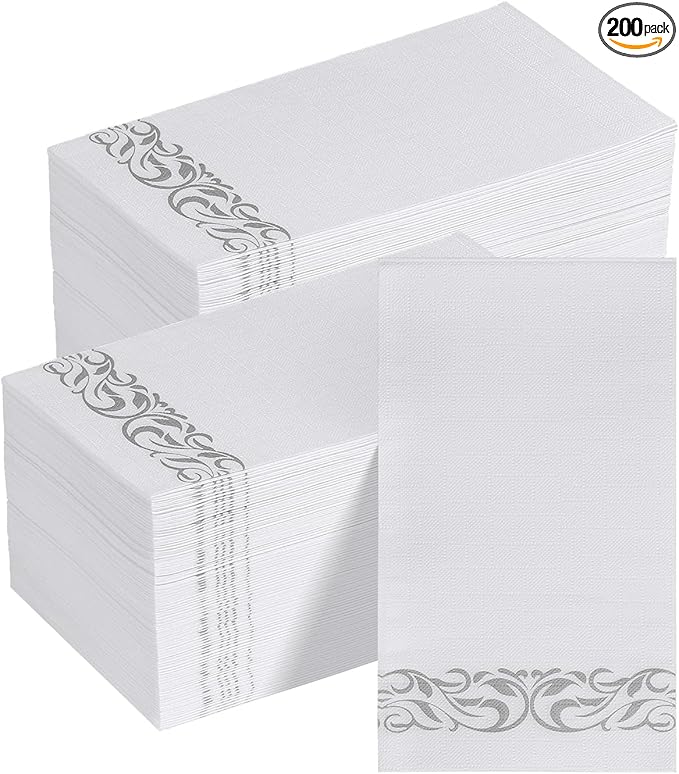 Goodluck 200 Pack 3-Ply Disposable Napkins - Soft & Absorbent Paper Hand Towels for Bathroom Guests, Dinner Party, Kitchen,Christmas， Wedding & Events, Parties - Floral Siliver Trim