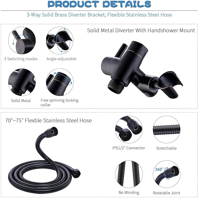 All Metal Shower Faucet Set, Dual Square Shower Head System with Handheld Wand, Diverter, Hose Complete Combo, Pressure Balance Rough-in Valve Included (Oil Rubbed Bronze）