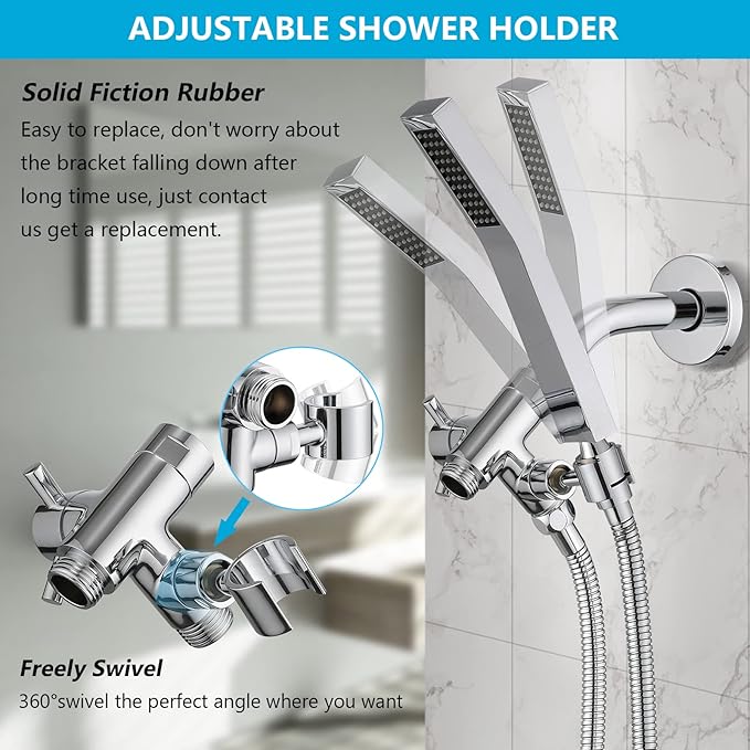 PDPBath Solid Brass 3 Way Shower Arm Diverter Valve with Handheld Holder for Dual Shower Heads with G1/2 Universal Connection - Chrome