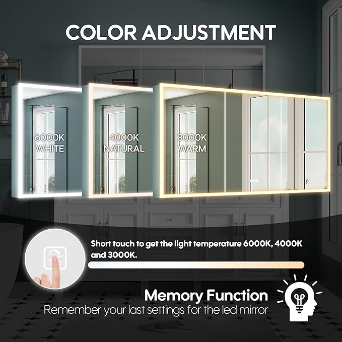 WELLFOR 60" X 30" LED Mirrored Bathroom Cabinet with 3X Magnification Makeup Mirror, Medicine Cabinet with Defog Mirror, Dimmer, Outlets & USB Ports, Bathroom Mirrored Cabinet with Three Opening Doors