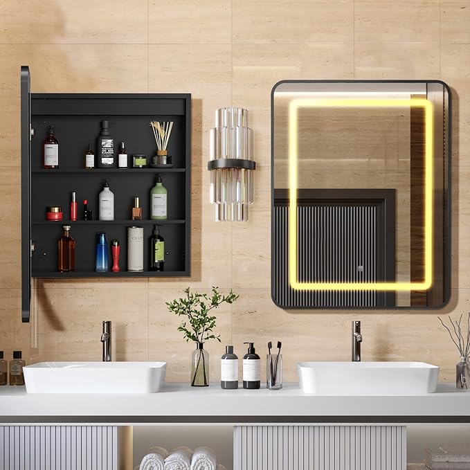 APRILSOUL 20X30 Inch Black Bathroom Medicine Cabinet with Mirror, Recessed or Surface Lighted Medicine Cabinet with 3 Colors Temperature, Dimmable Light