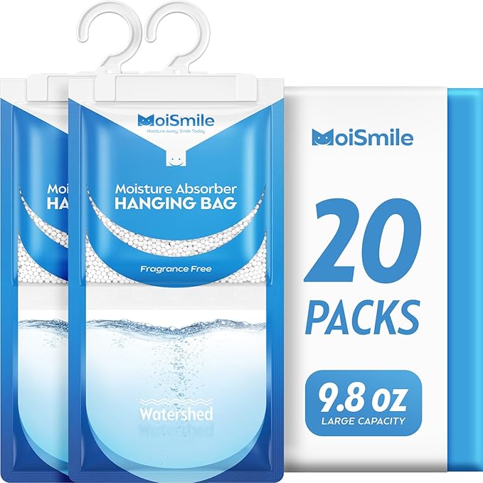 Moisture Absorbers 20 Pack Fragrance Free, Hanging Closet Dehumidifier Bags, Humidity Absorber, Compact Eliminates Odors Humidity Packs for Car, Bathroom, Bedroom, Basement, 9.8OZ