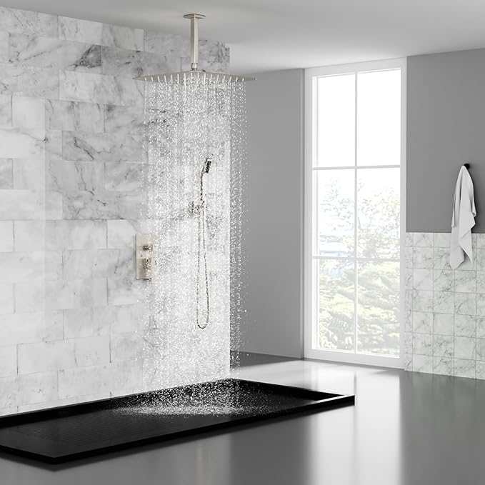 SR SUN RISE 16 Inches Brushed Nickel Shower System Bathroom Luxury Rain Mixer Shower Combo Set Ceiling Mounted Rainfall Shower Head Faucet (Contain Shower Faucet Rough-In Valve Body and Trim)