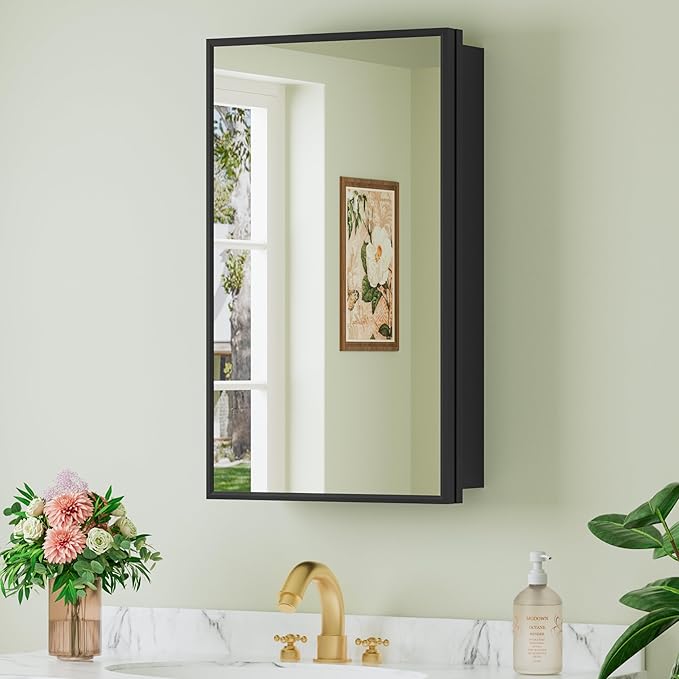 Buruis 14"x 24" Framed Medicine Cabinet with Mirror, Recessed or Wall Mounted Bathroom Cabinet, Adjustable Tempered Glass Shelves, Left/Right Open Reversible, No Assembly Required, Black