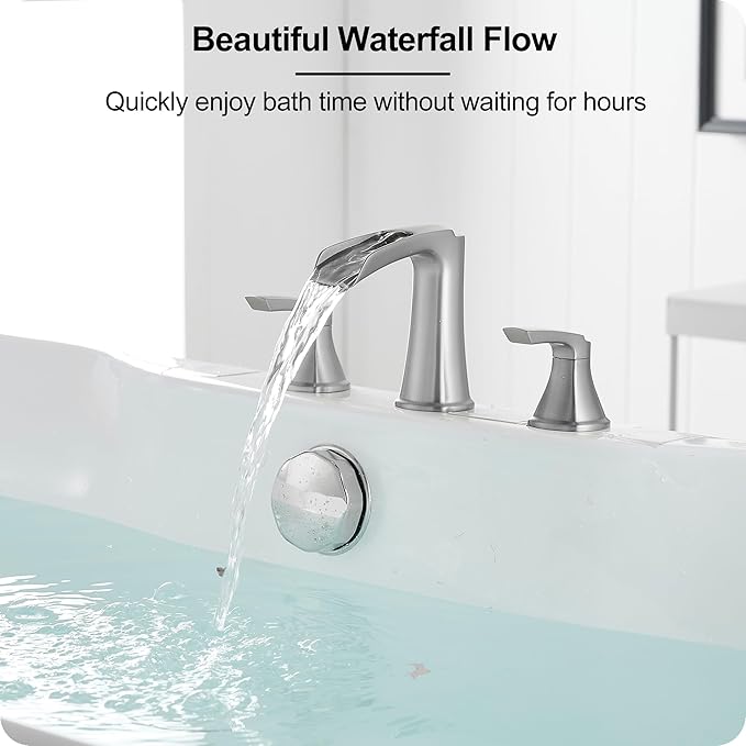 3 Hole Roman Tub Faucet Waterfall Brass Brushed Nickel Bathtub Faucet Set, High Flow 6-16 Inch Deck Mount Faucet for Bathtub, 2 Handle Bath Tub Faucets with Supply Water Hoses for Classic