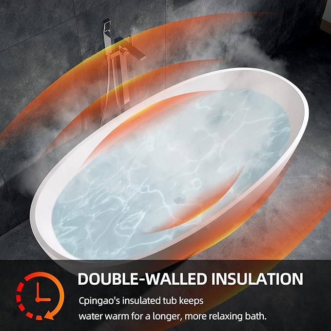 Cpingao 59" Freestanding Bathtub, Oval Shaped Stone Resin Freestanding Tubs, Solid Surface Matte White Soaking Tub with Overflow and Pop-up Drain 8801-1500