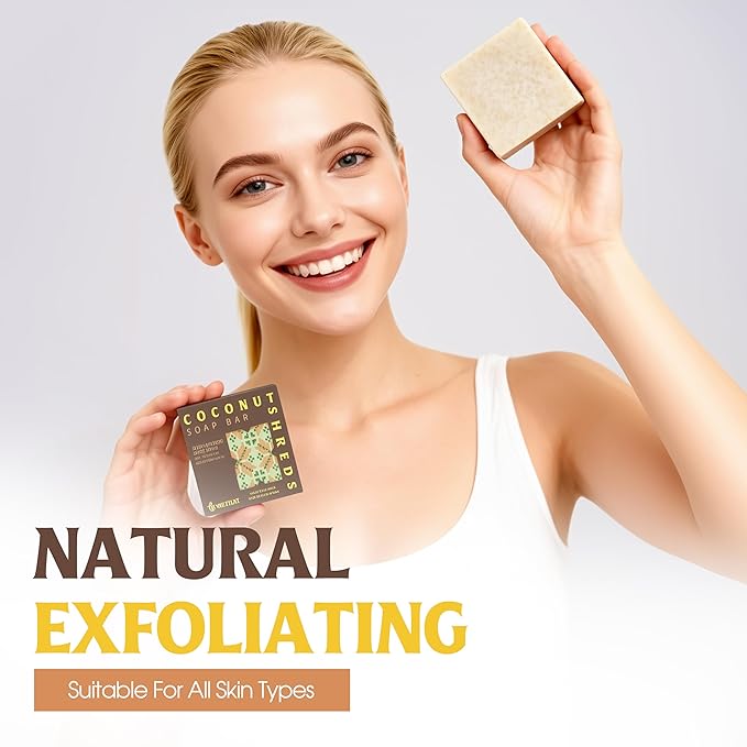 Coconut Shreds Soap Bar (Pack of 3) – 2-in-1 Cleansing & Exfoliating, Cold Process Handmade Bar with Real Coconut, Nourishing Body Soap, Made in Vietnam