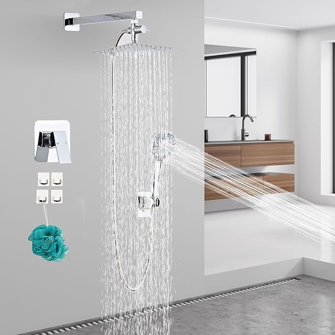 Shower Head 8'' High Pressure Rainfall, Handheld Shower Combo with 11'' Extension Arm, 5 Spray, Anti-leak Luxury Premium Quality, Shower Head with Handheld Spray Combo, Polished Chrome