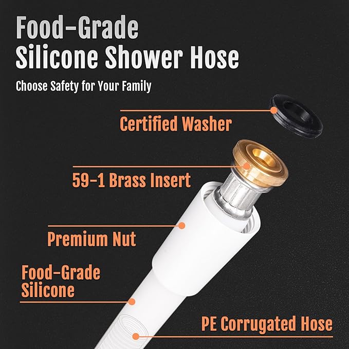 Premium Silicone Shower Head Hose, Kink-Free Handheld Extension, RV Replacement, 60 Inches, White