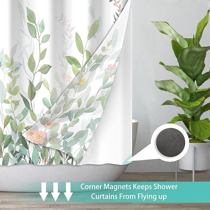 No Hook Shower Curtain Set with Snap in Fabric Liner for Bathroom,with See Through Top Window,Double Shower Curtain with Detachable Liner Replacement,Machine Washable,Green Leaves,71x74inch
