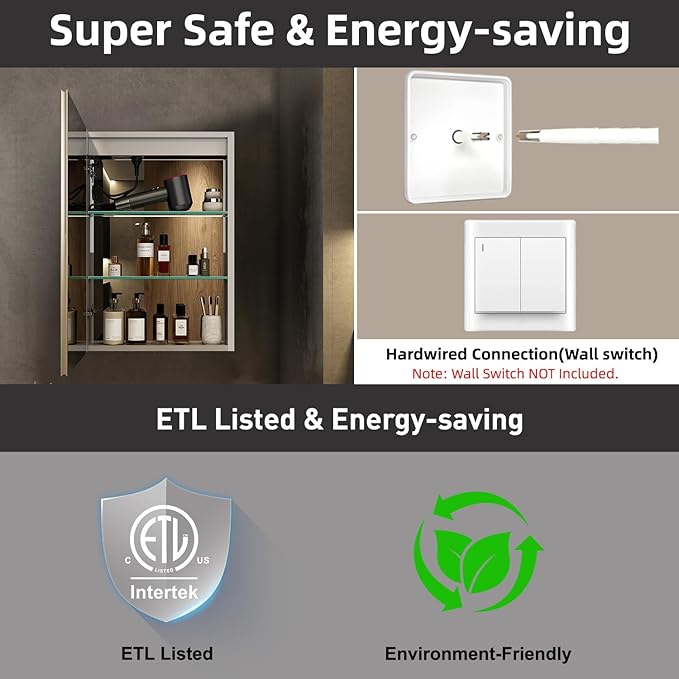 Medicine Cabinet with LED Lights and Mirror, 24 x 36 Inch Surface or Recessed Mounted Bathroom Cabinets with Door, Defogger, Memory Function, 3-Color Mode, Outlet&USB, Dimmer, Storage Shelf