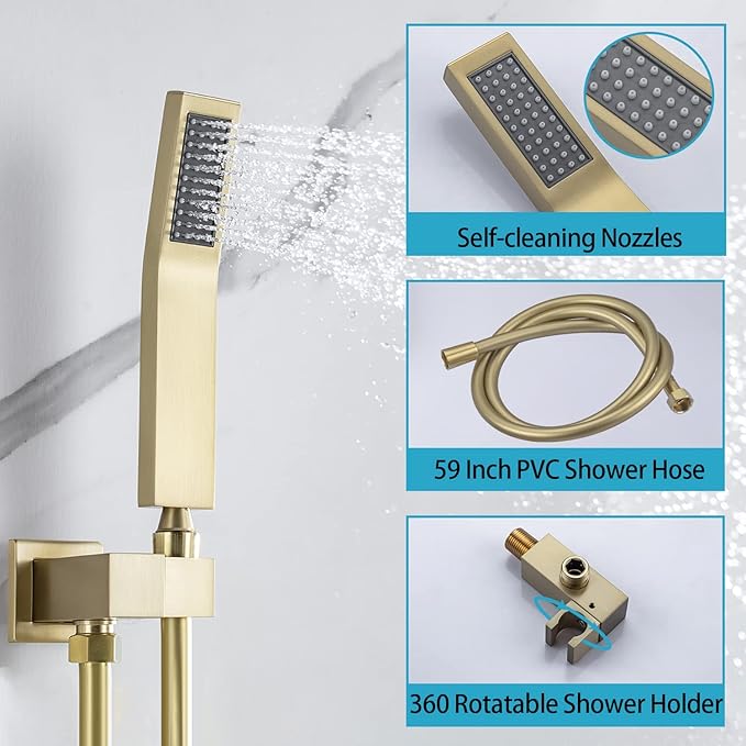 Wall Mount Roman Tub Filler Faucet Single Handle Bathroom Bathtub Faucet with Hand Sprayer Waterfall Tub Faucet with Hand Shower, Brushed Gold