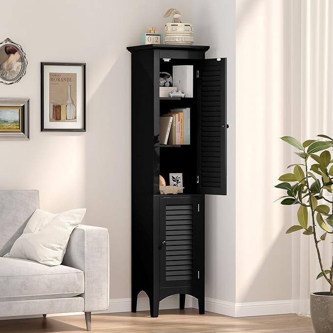 Tangkula 63" Tall Bathroom Storage Cabinet, Freestanding Narrow Linen Tower with Adjustable Shelf, Modern Slim Floor Cabinet with 2 Doors for Bathroom, Living Room, Kitchen (Black)