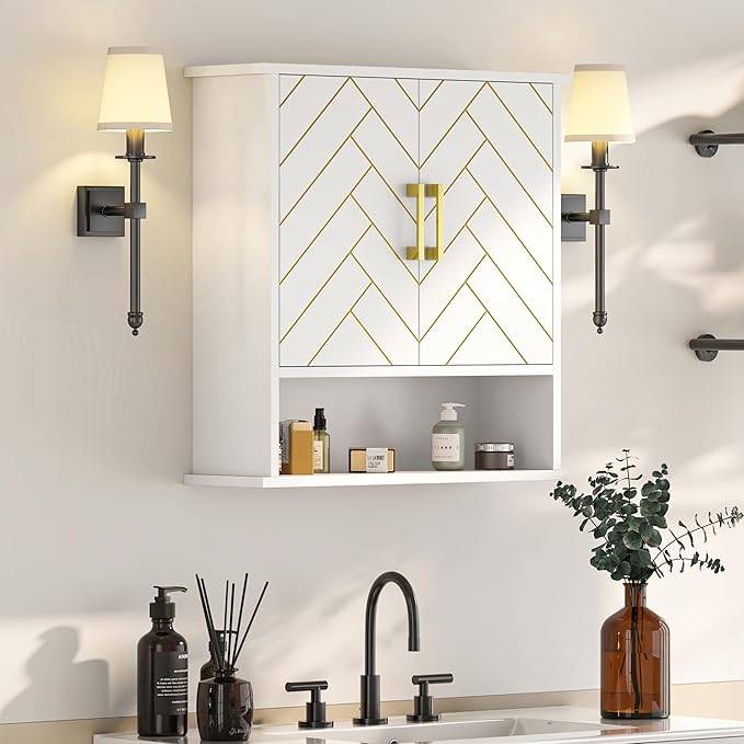 White Chevron Pattern Bathroom Wall Mount Cabinet, Stylish Hanging Medicine Cabinet with Open Shelf, Over The Toilet Storage for Bathroom Kitchen (23 5/8" x 22 7/8" x 15 3/4")