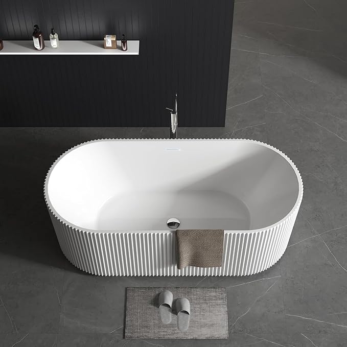 67" Deep Soaking Bathtub, Non-Slip Acrylic Tub with Chrome Drain, CUPC Certified, Ergonomic Modern Bath for Bathrooms, Easy-Install, White Striped