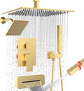 ENGA Shower System with Tub Spout, Bathtub Shower Faucet Combo Set - 10" & 6" Square Rain Shower Heads with 2 in 1 Handheld Spray, 4 Way Water Diverter, Brushed Gold