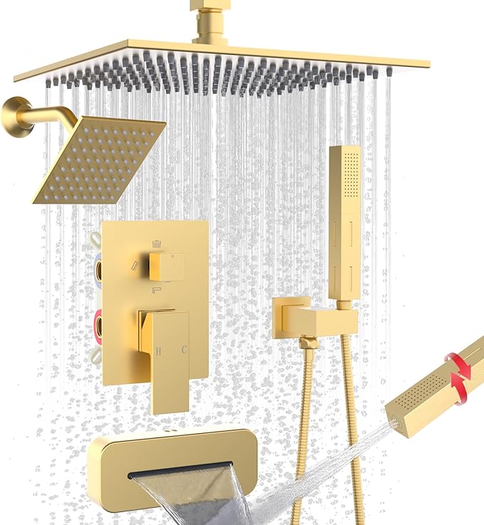 ENGA Shower System with Tub Spout, Bathtub Shower Faucet Combo Set - 10" & 6" Square Rain Shower Heads with 2 in 1 Handheld Spray, 4 Way Water Diverter, Brushed Gold