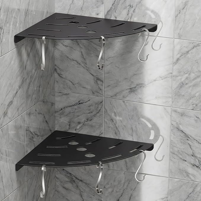 Shower Corner Shelf 304 Stainless Steel Shower Caddy 2 Tier Shower Organizer Niche with Extra 6 Hangers Shelves 40 lbs Large Capacity Shower Shelf for Inside Anti-Rust Drilling Installation(Black)