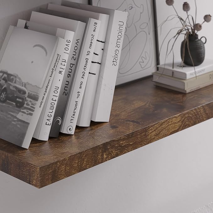 Floating Shelf, Set of 3 Wall Shelf, 36 in W x 12.75 in D x 2 in H Wooden Floating Wall Shelf with Invisible Brackets for Living Room/Bedroom/Bathroom/Kitchen Storage and Decor, Rustic Brown