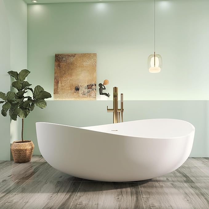 71" Premium Solid Surface Freestanding Bathtub, Unique Oval Stone Resin Tub with Overflow and Pop-up Drain, Matte White