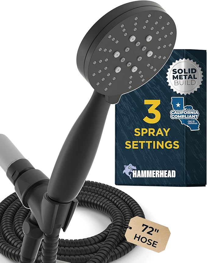 HammerHead Showers® Solid Metal 3-Spray Handheld Shower Head with Long Hose and Holder - MATTE BLACK - WIDE, MASSAGE, and MIST Sprays - 1.8 GPM Low Flow Handheld Showerhead - Water Saving Shower Head