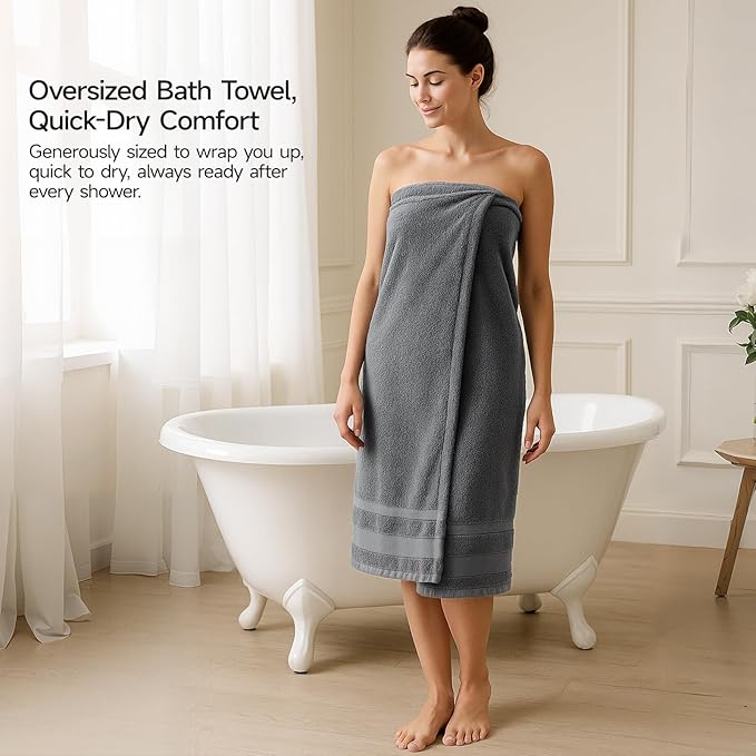 REDKISS 100% Cotton Bath Towels Set of 2, Extra Large Bath Sheets 35 X 70 Inches, 800 GSM, Quick Dry, Ultra Soft & Super Absorbent Bathroom Towel Sets for Bathroom, Gym, Spa, Pool & Hotel, Grey