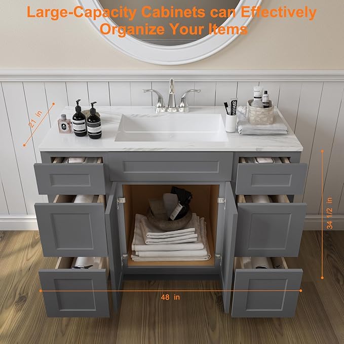 ROOMTEC Bathroom Cabinet, 48'' Free Standing Bathroom Vanity with 6 Drawers and 2 Doors,Soft-Close Drawer Slides Morden Bathroom Sink Vanity Storage Cabinet, Shaker Gray