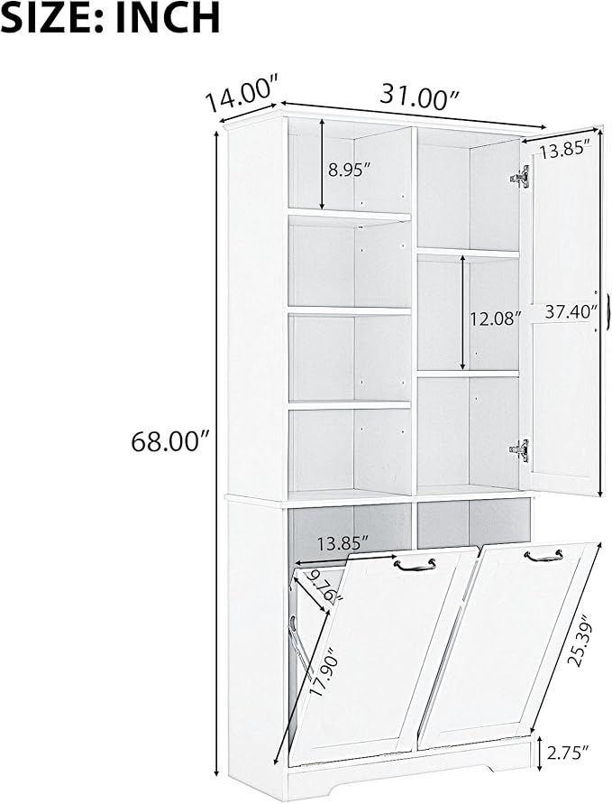 Favfurish 68" Tall Bathroom Storage Cabinet with Door and 2 Tilt-Out Laundry Hampers,Modern Linen Cabinets w/Open Shelf & Adjustable Shelves,Freestanding Organizer for Laundry Room,Kitchen,Oak