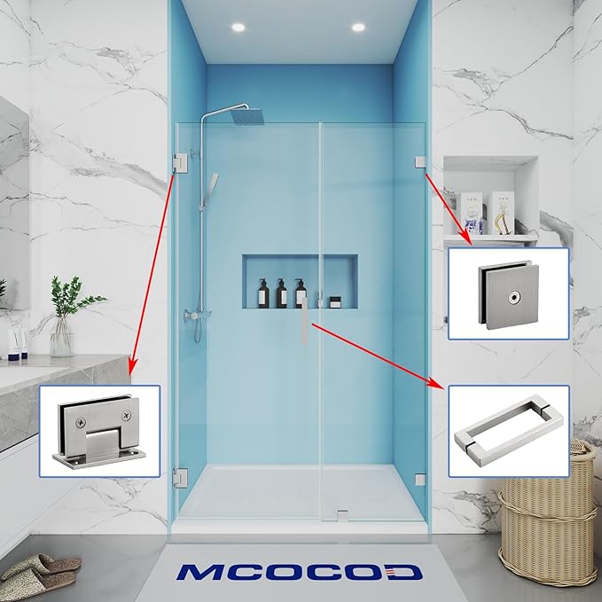 Shower Door Hardware Kit for Frameless Inline Hinged Doors, Includes Hinges, Square Pull Handles and Clamps, for 5/16"–3/8" Glass, Suitable for Bathtub or Standing Shower Setup, Brushed Nickel