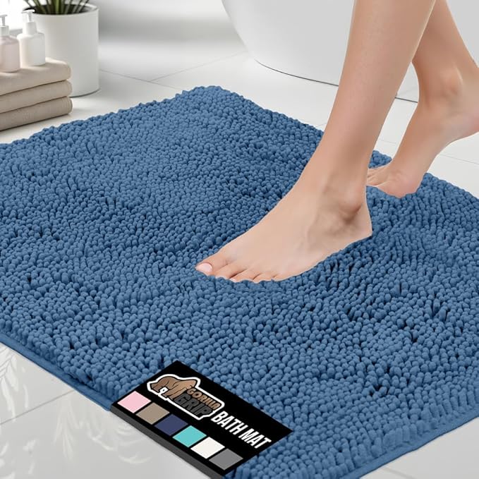 GORILLA GRIP Bath Rug Mat 60x17, Thick Soft Absorbent Chenille, Quick Dry Microfiber Mats, Rubber Backing Washable Shower Floor Rugs, Bathmat Runner, US Designed Bathroom Home Decor Accessories Blue