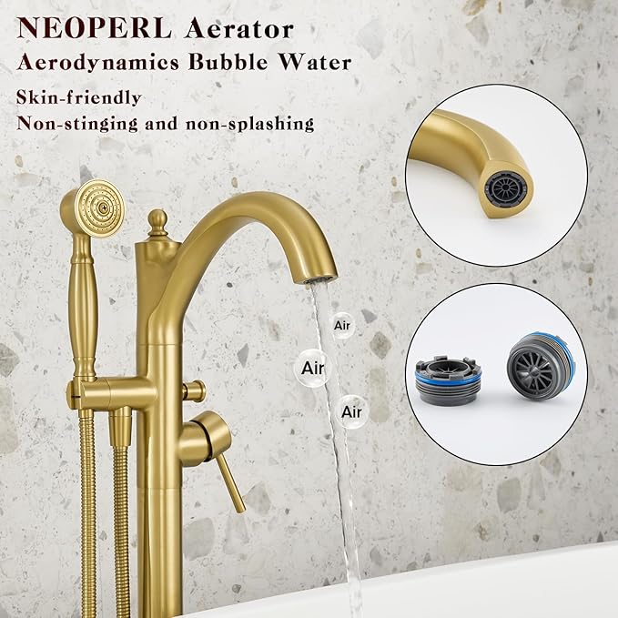 Free Standing Tub Faucet, Brushed Gold Classic Freestanding Bathtub Faucet with Vintage Hand Shower Brass High Flow Rate Floor Mount Tub Filler Swivel Spout Roman Tub Faucet Set (WT-9002BG)