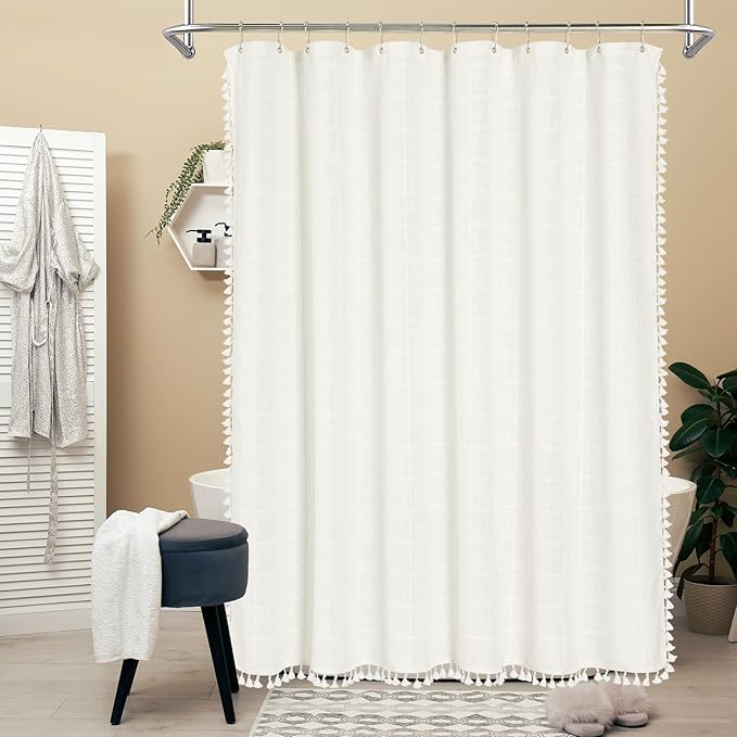 MitoVilla Cream White Small Stall Shower Curtain 36 x 72, Narrow Polyester Linen Fabric Shower Curtains for Farmhouse Bathroom Decor, Brown Half Size Cloth Shower Curtain Set with Hooks, Ivory