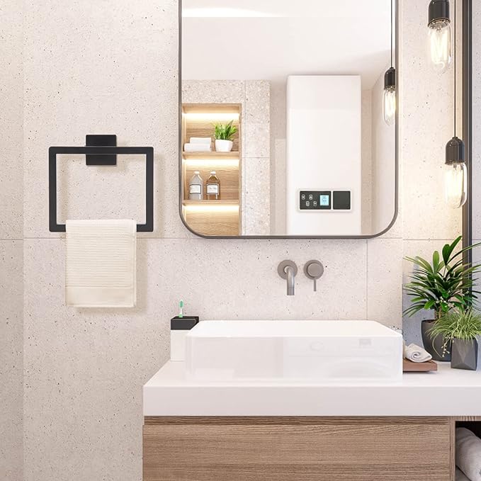 2-Piece Matte Black Square Towel Ring,Modern Hand Towel Holder for Bathroom,Stainless Steel Towel Hangers Wall-Mounted Bathroom Accessories