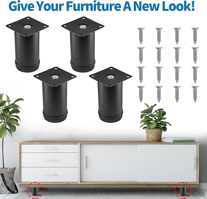 4 Inch Metal Furniture Legs Stainless Steel Adjustable Legs Black Metal Legs Round Cabinet Legs for Coffee Table Cabinet Desk Sofa Shelves, Pack of 4